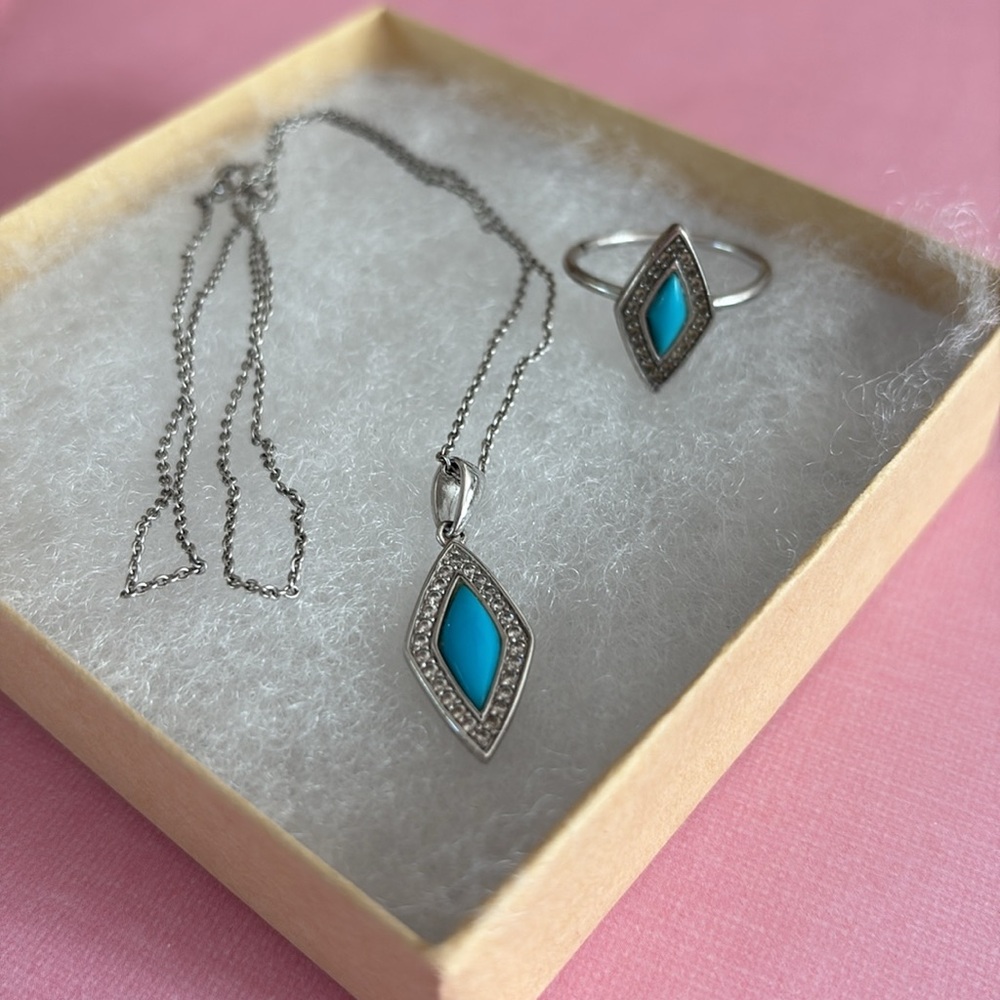 Vintage Turquoise Ring and necklace set Sterling silver 925 marked
